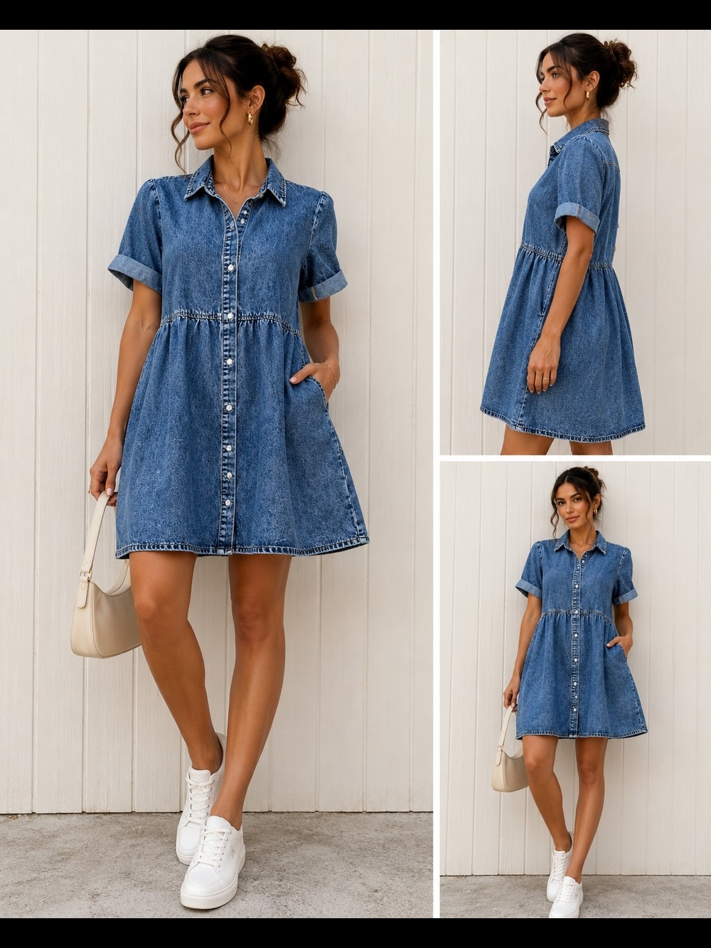 Women’s Denim Babydoll Shirt Dress Blue Button Front Short Sleeve Size S